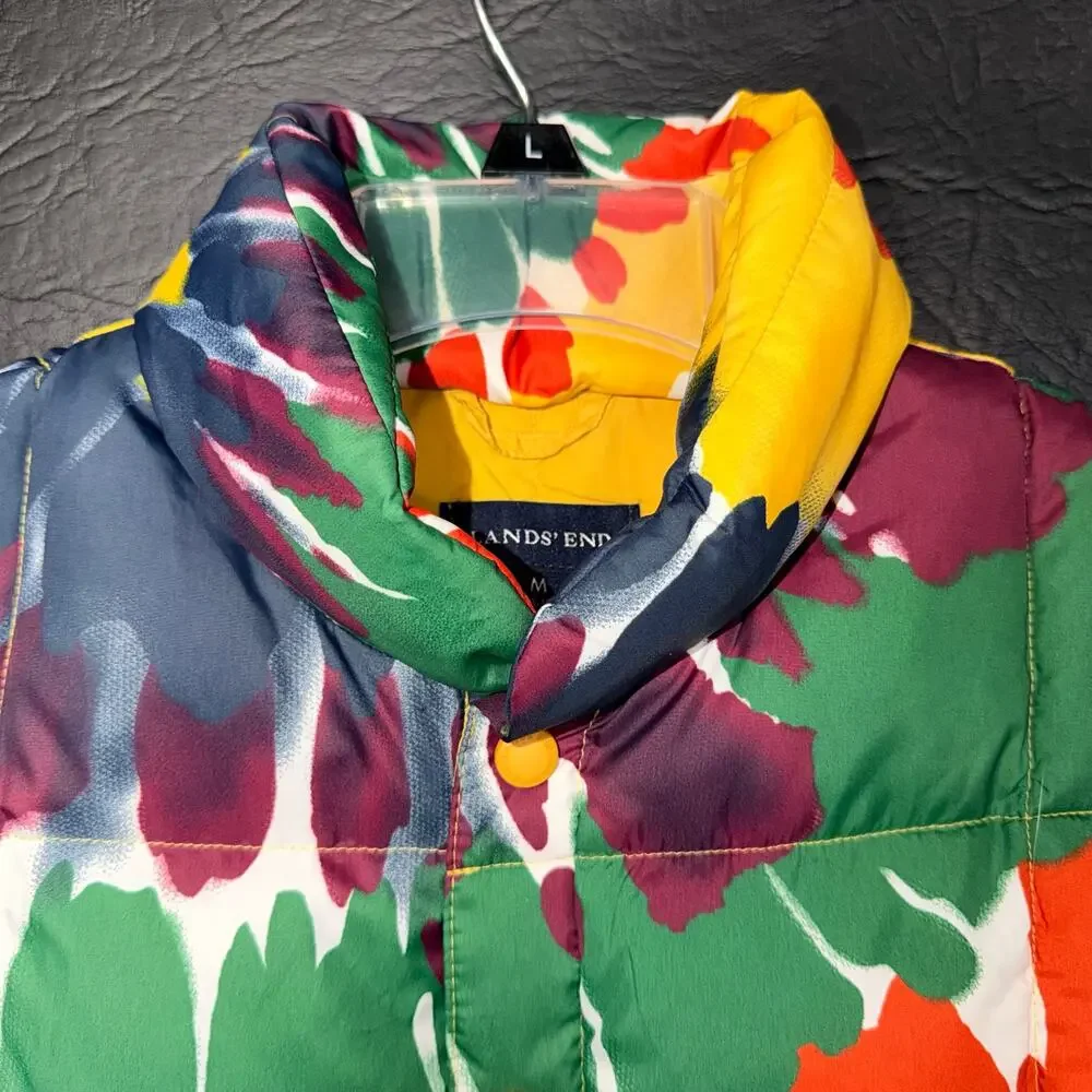 Lands End Unisex Kids Puffer Vest Tie Dye Snap Button Close Orange Blue Medium